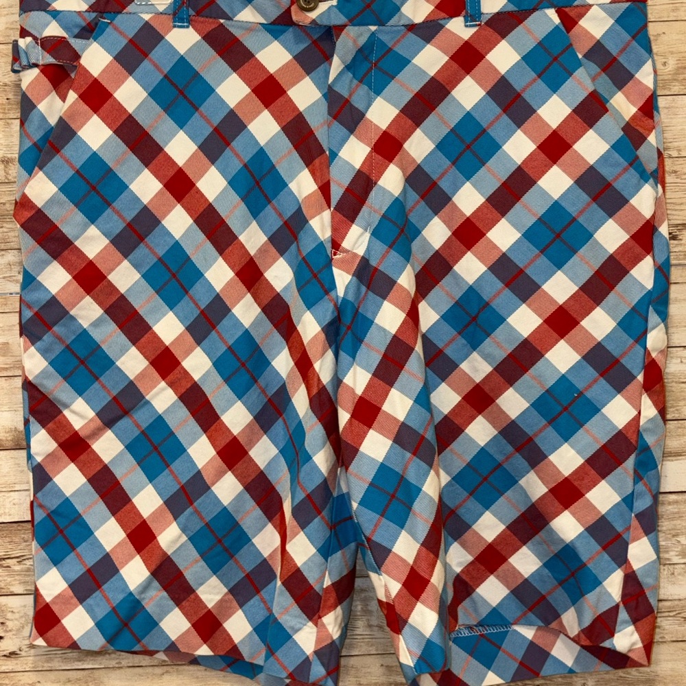 Royal and Awesome Men’s Golf Shorts Red White and Blue plaid 38